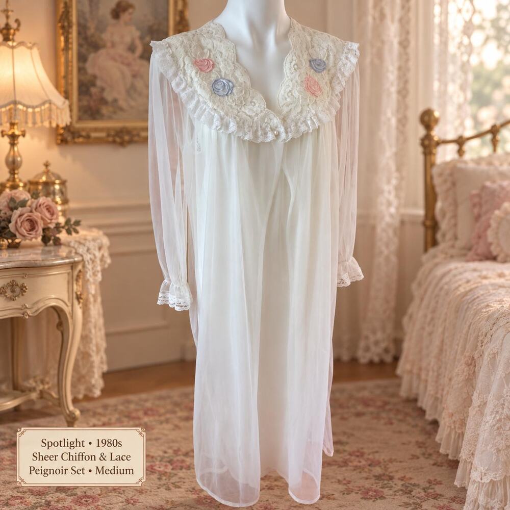 Vintage Spotlight 1980s Sheer Chiffon Lace Peignoir Robe Nightgown Set Sz Medium